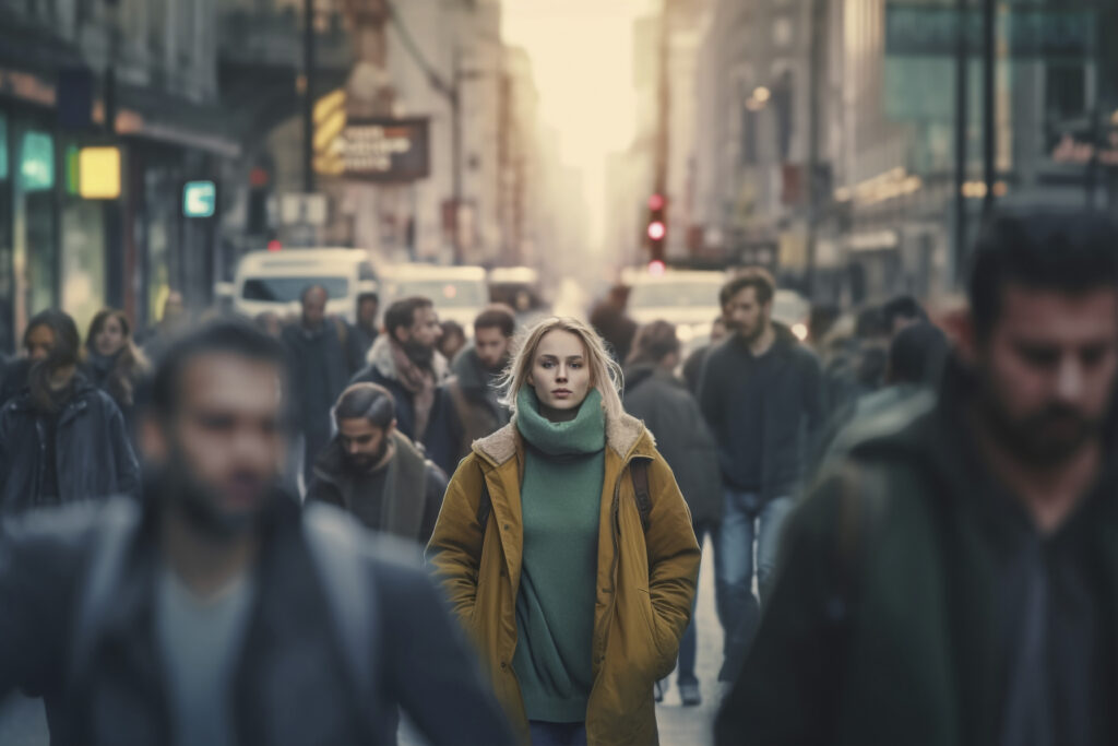 Multidão desfocada ao fundo e uma pessoa em primeiro plano