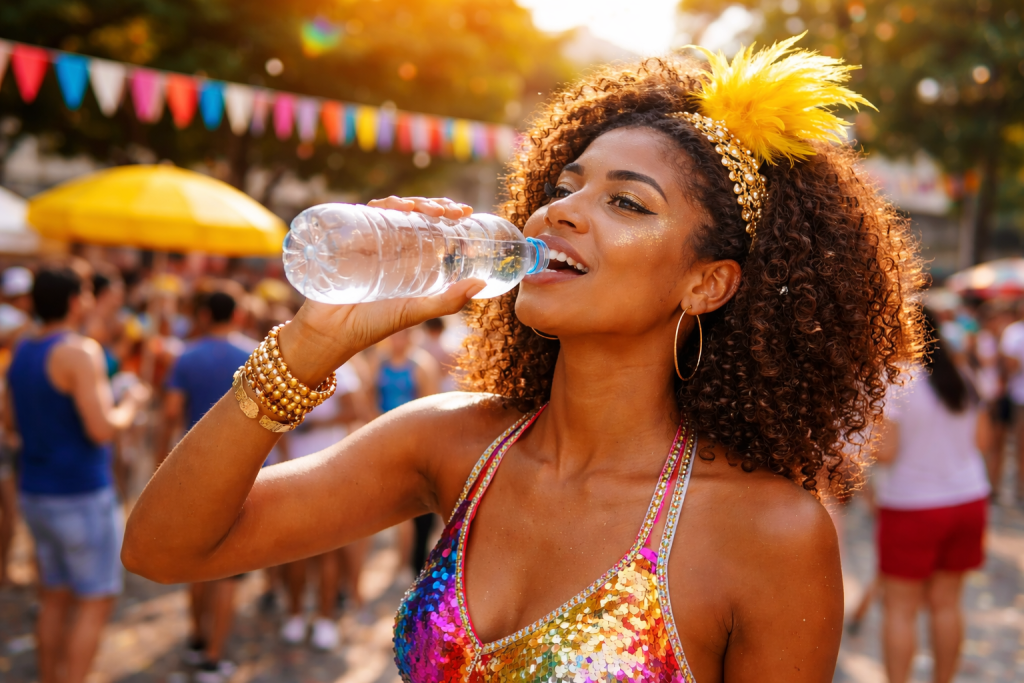 Mulher tomando água no bloco de carnaval