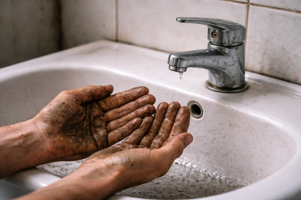 Torneira com falta de água e mãos sujas