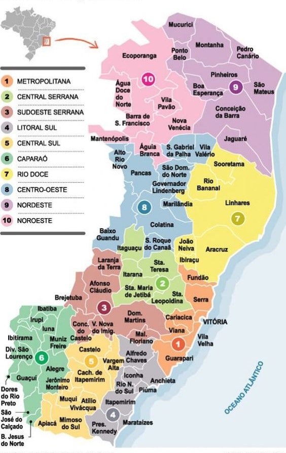 Mapa político do ES, com a divisão por municípios