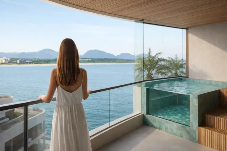 Varanda do Manami Ocean Living, na Enseada Azul, onde se pode comtemplar o mar de Guarapari.