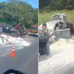 Caminhão com carga de farinha bate em carro e deixa 4 feridos