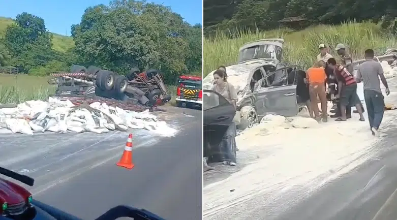 Caminhão com carga de farinha bate em carro e deixa 4 feridos