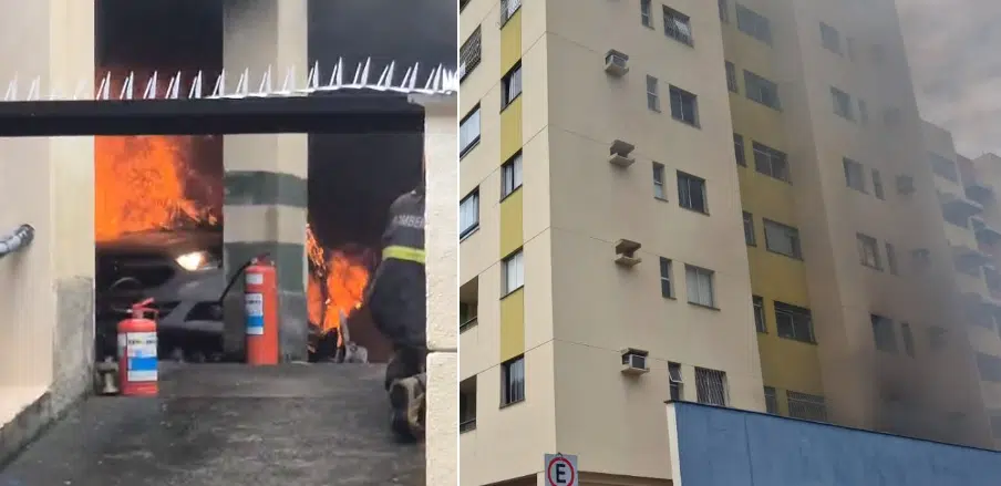 Incêndio atinge garagem de prédio em Jardim Camburi; vídeos