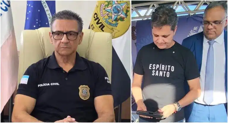 Do lado esquerdo, José Darcy Arruda; do lado direito, Ricardo Ferraço manuseia pistola, observado pelo secretário estadual de Segurança Pública, Leonardo Damasceno