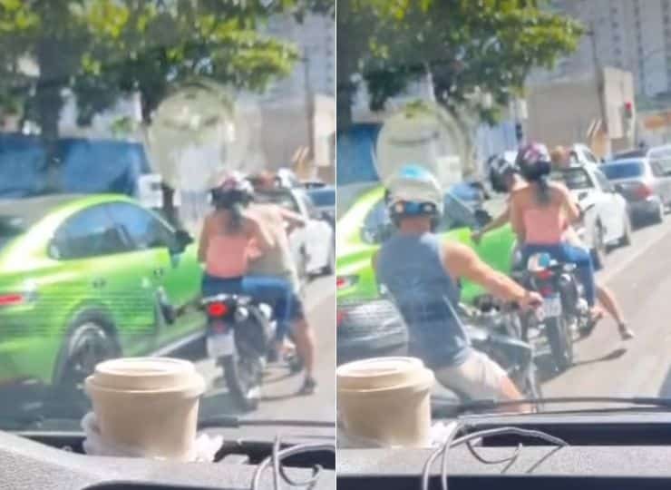 Motociclista chuta retrovisor de Porsche no trânsito de Vila Velha