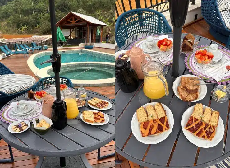 Café da manhã na piscina da Estância Vollmond, em Santa Maria de Jetibá