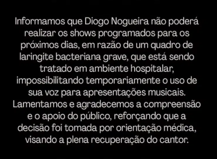 Comunicado de Diogo Nogueira. Foto: Instagram @diogonogueira