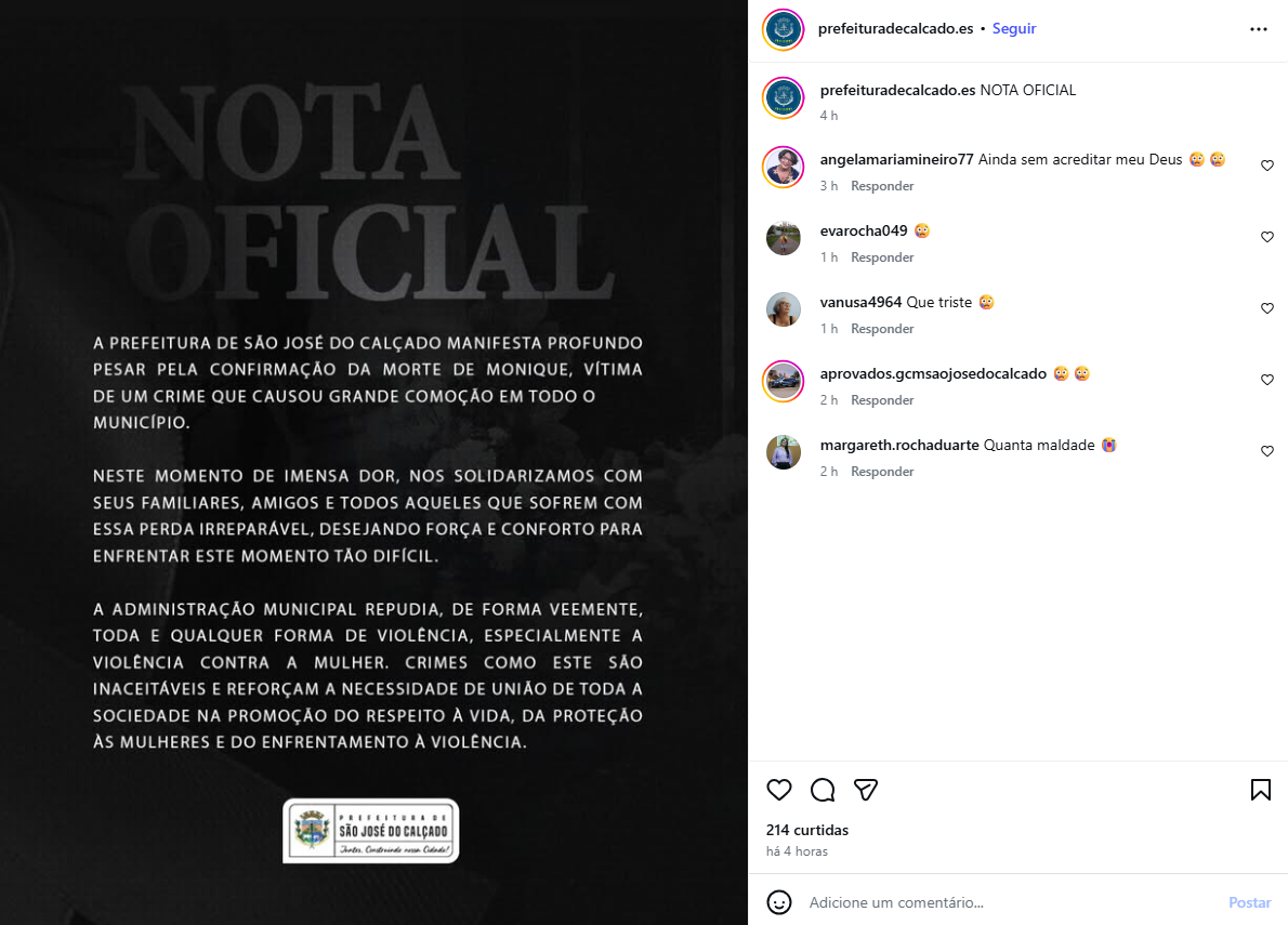 Prefeitura de São José do Calçado emitiu uma nota após o feminicídio