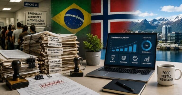 Ilustração mostra o contraste entre a burocracia brasileira e a eficiência da Noruega em processos como abertura de empresas, registro de imóveis e incentivo ao empreendedorismo